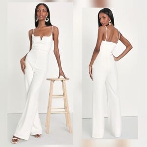 Lulu's Chic Ivory Sleeveless Jumpsuit with Wide-Leg Design, Medium
